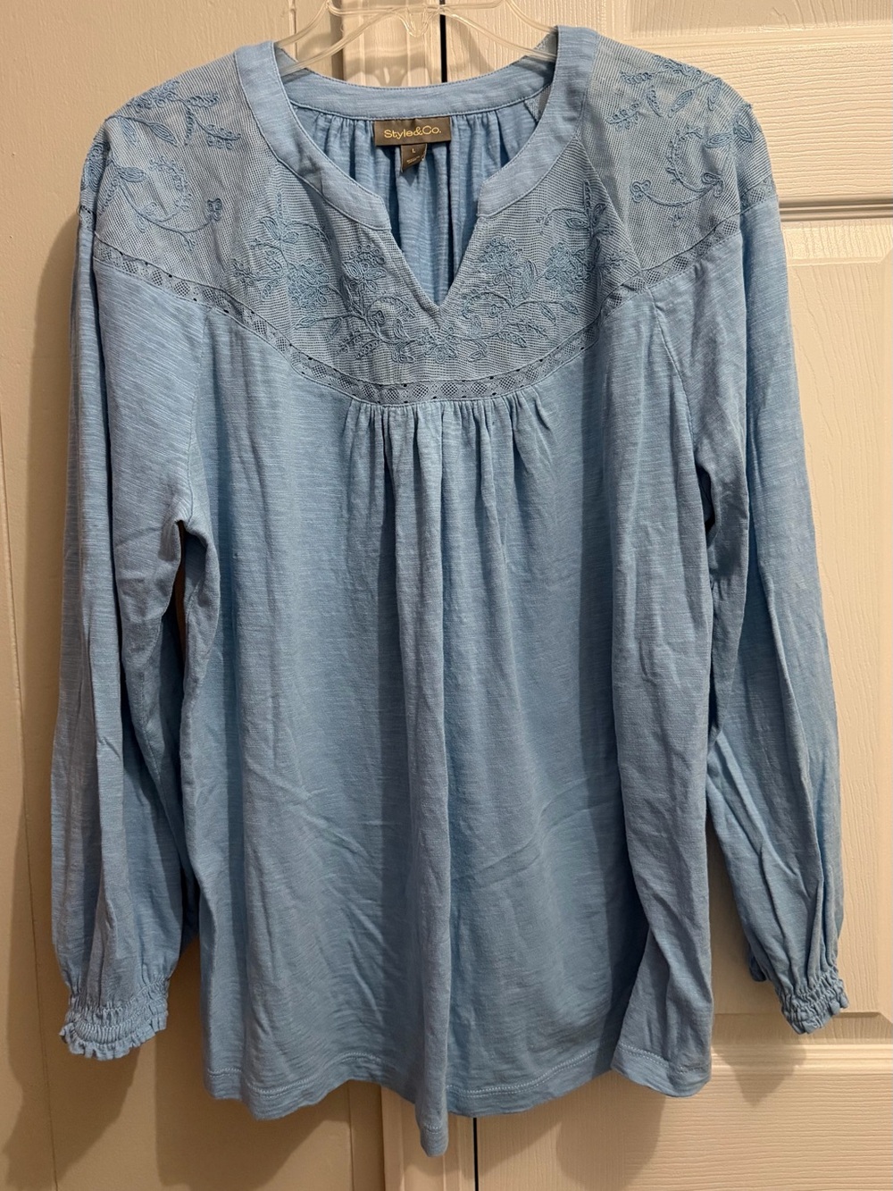 Style & Co. Sky Blue Embroidered V-Notch Peasant Blouse